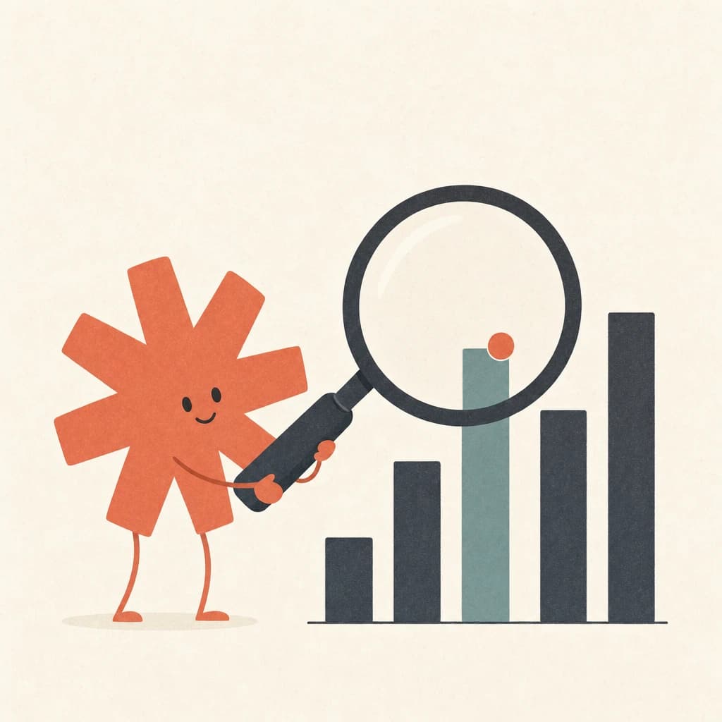 Minimal flat illustration on warm cream: the coral Claude starburst character holding a large magnifying glass over a slate bar chart with one teal bar flagged
