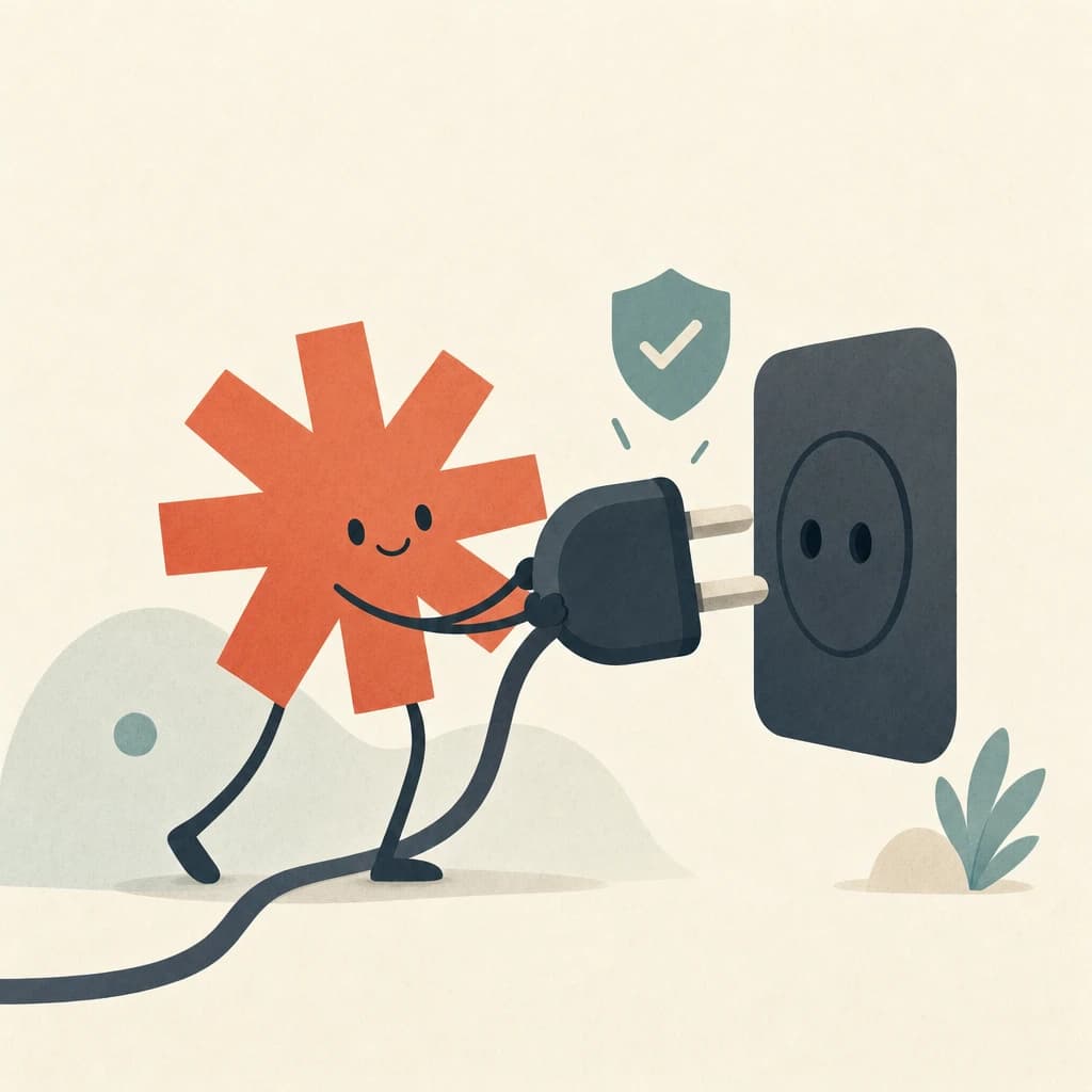 Minimal flat illustration on warm cream: the coral Claude starburst character plugging a large plug into a slate socket panel while a teal shield with a checkmark hovers beside the connection