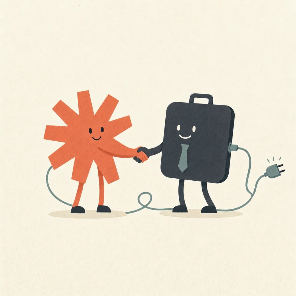 Minimal flat illustration on warm cream: the coral Claude starburst character shaking hands with a slate briefcase character wearing a teal necktie, connected by a thin cable