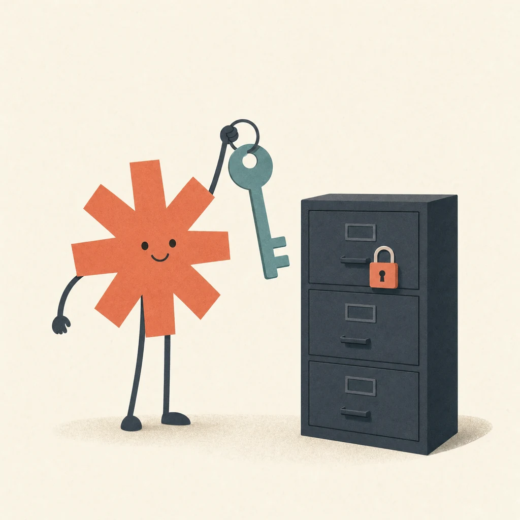 Minimal flat illustration on warm cream: a coral asterisk character holds up a teal key on a ring beside a slate filing cabinet whose top drawer has a small coral padlock