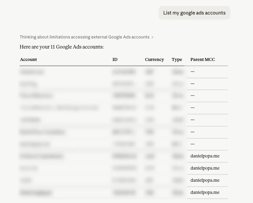 Claude conversation with the prompt List my google ads accounts, answered with a table of eleven Google Ads accounts with ID, currency, type and parent manager account, account names and IDs blurred