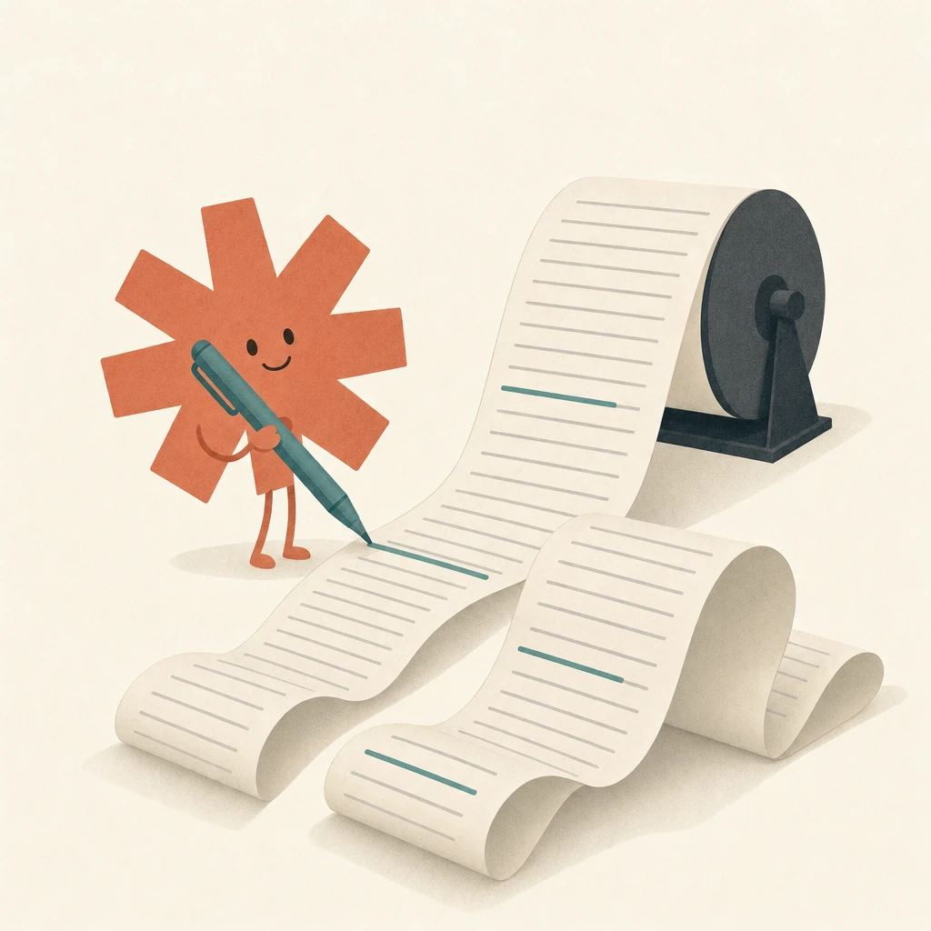 Minimal flat illustration on warm cream: a coral asterisk character with a teal pen strikes lines through a very long paper receipt that unrolls from a slate spool and loops across the floor