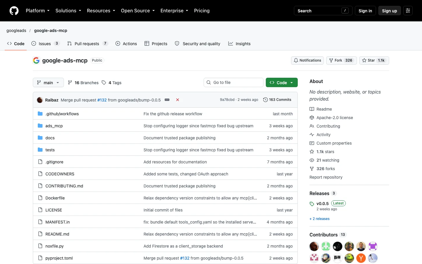 The googleads/google-ads-mcp repository on GitHub, Apache-2.0 licensed, with its README and file list