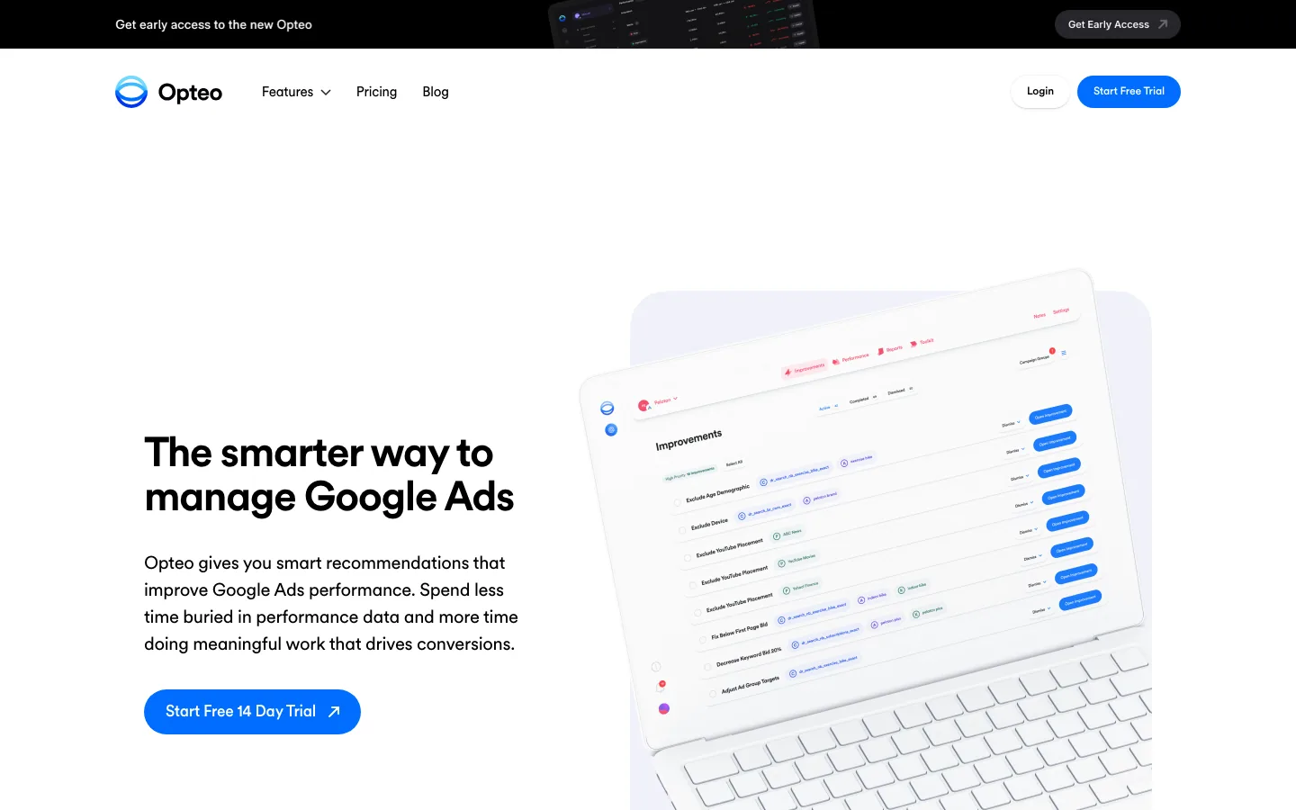 Opteo's homepage, headlined The smarter way to manage Google Ads, with a Start Free 14 Day Trial button beside a list of suggested improvements