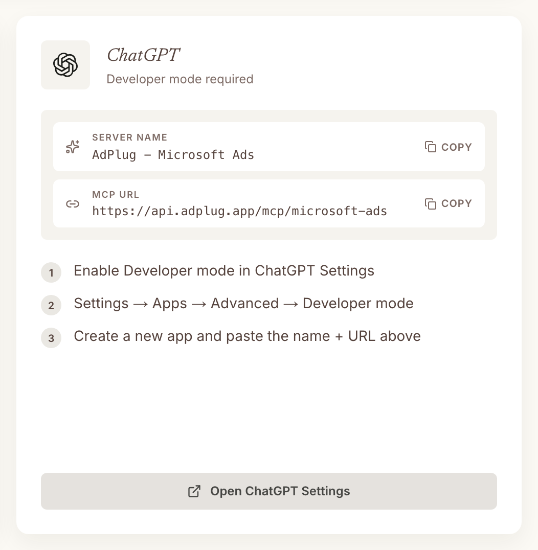 ChatGPT card on the AdPlug dashboard showing the server name AdPlug - Microsoft Ads and the MCP URL https://api.adplug.app/mcp/microsoft-ads, each with a Copy button, above three setup steps.