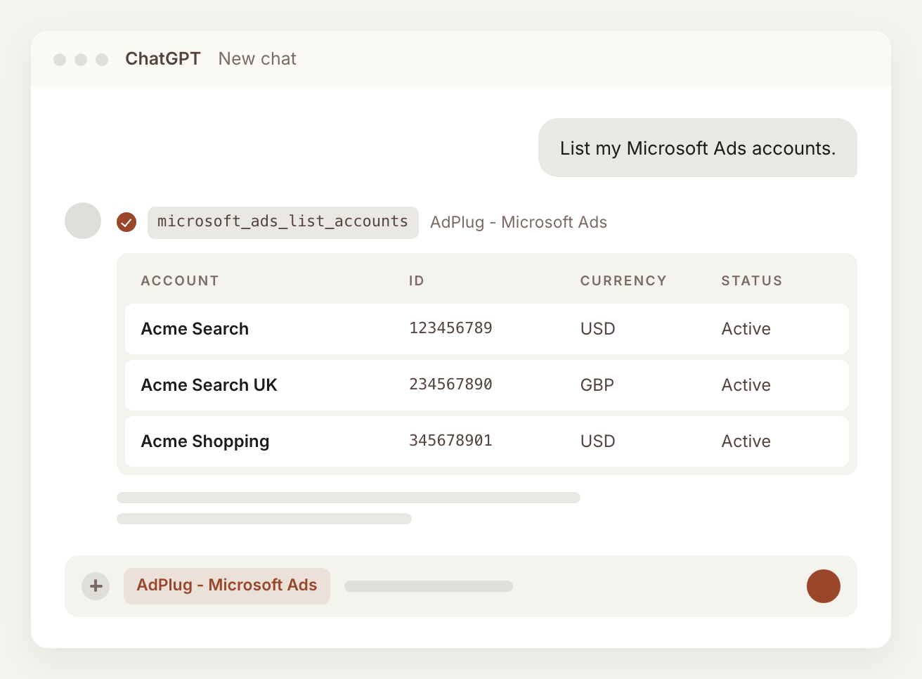 ChatGPT answering 'List my Microsoft Ads accounts' with the AdPlug - Microsoft Ads app selected, showing each account's name, ID, currency and status.