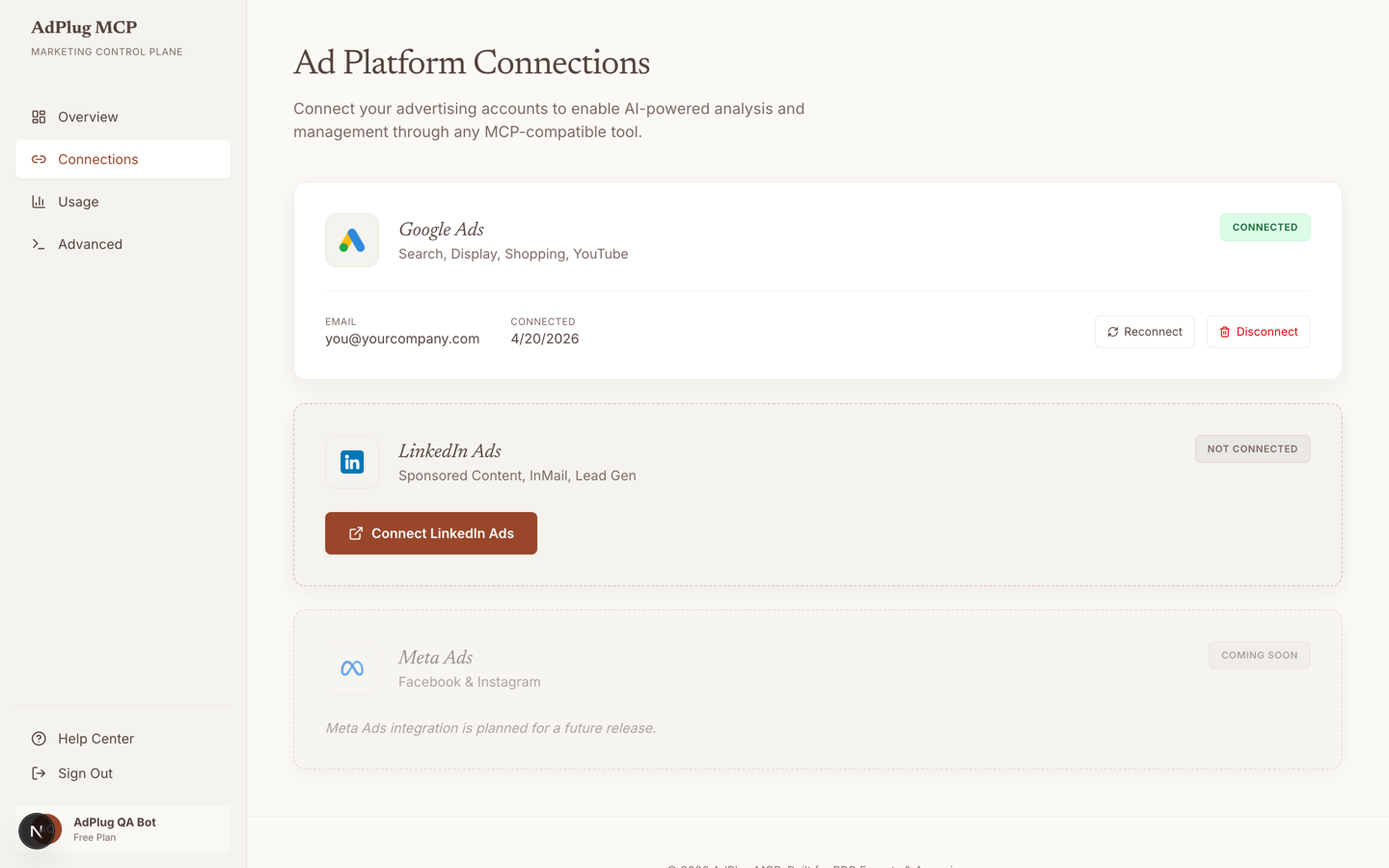 AdPlug Connections page showing Google Ads connected, with the authorising email and connection date.