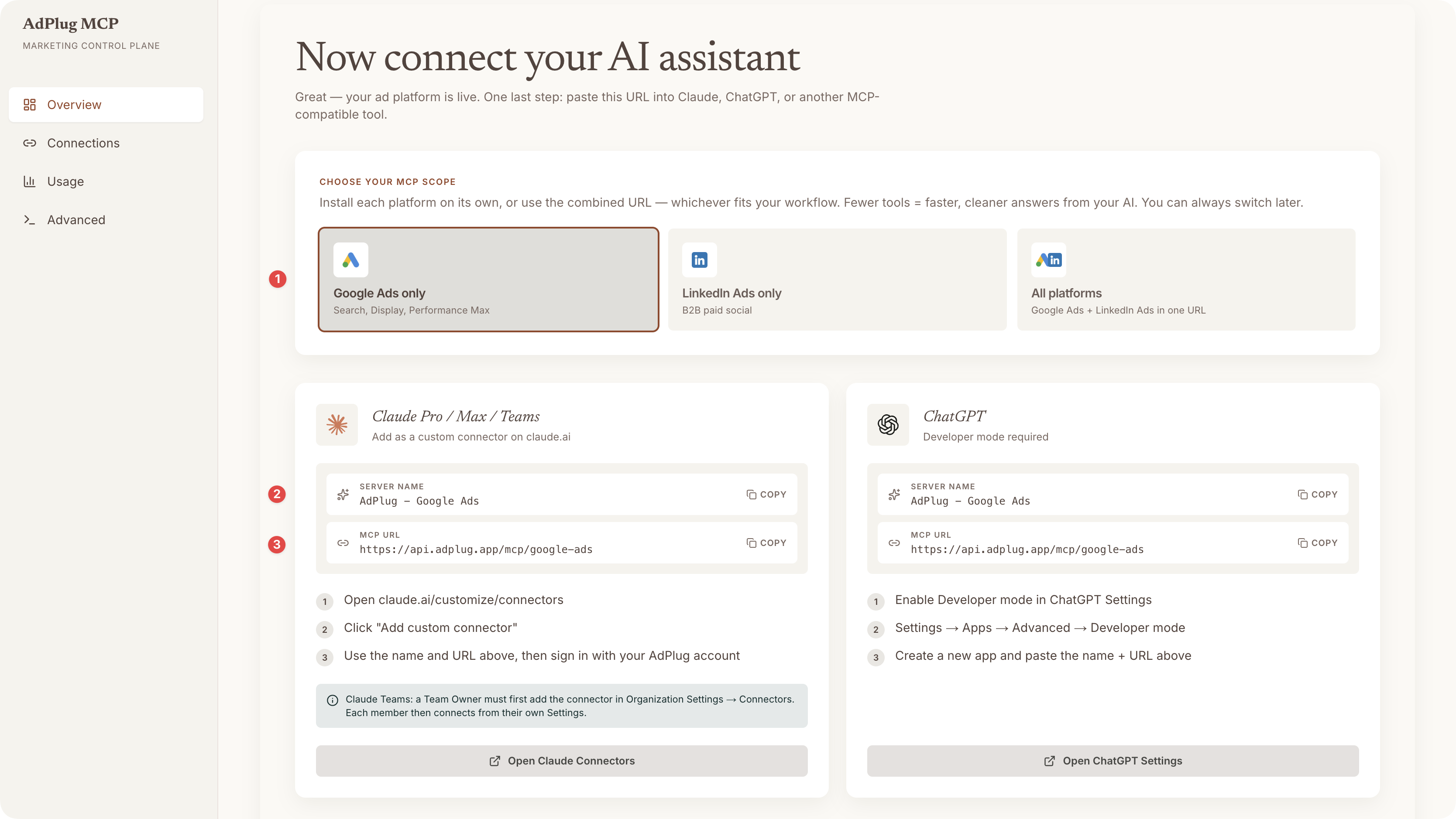 AdPlug dashboard 'Now connect your AI assistant' panel with annotated steps showing the Google Ads MCP server URL and Copy buttons for Claude and ChatGPT.
