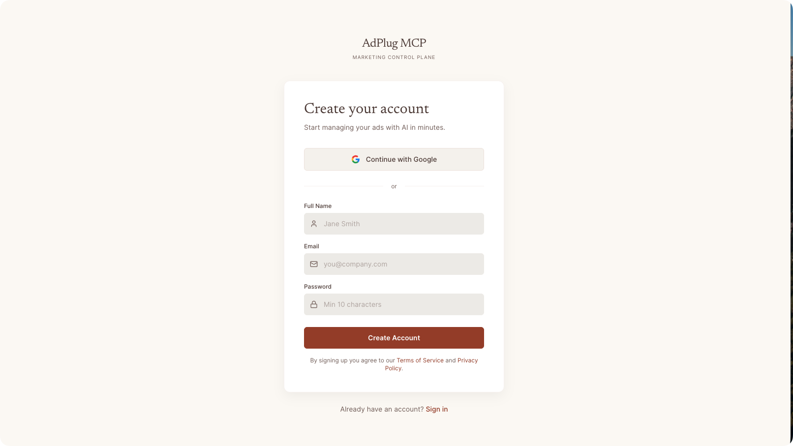 AdPlug sign-up screen for the Google Ads MCP.