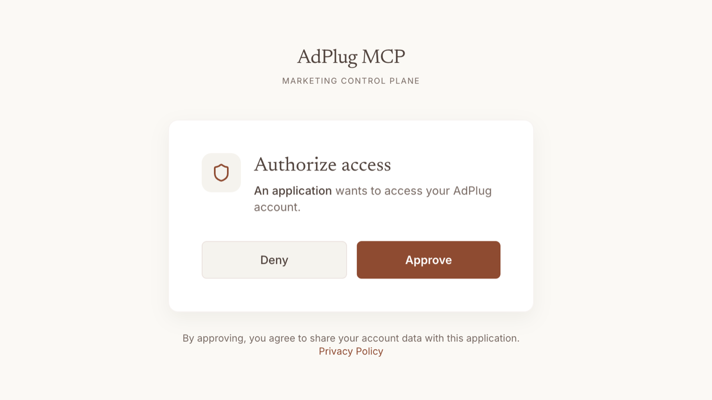 AdPlug Authorise access screen with Approve and Deny buttons, granting Claude access to the Google Ads MCP.