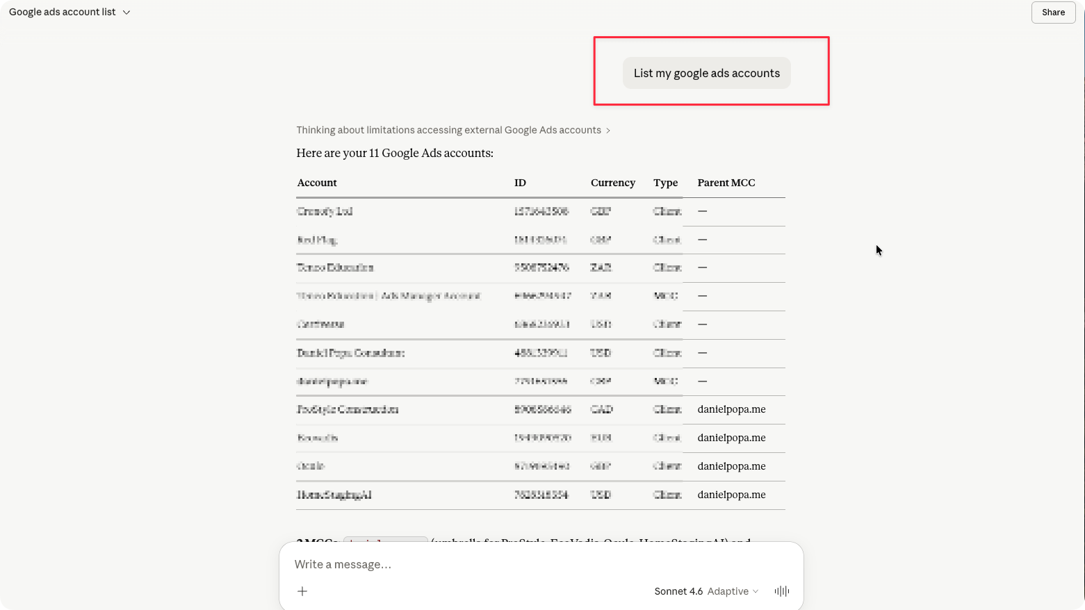 Claude responding to 'List my google ads accounts' with the AdPlug Google Ads MCP, showing account names, currencies, and IDs.