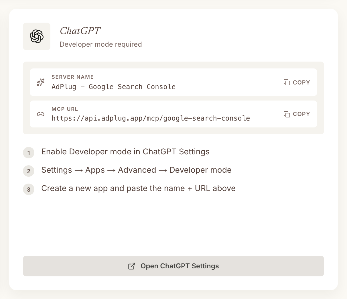 ChatGPT card on the AdPlug dashboard showing the server name AdPlug - Google Search Console and the MCP URL https://api.adplug.app/mcp/google-search-console, each with a Copy button, above three setup steps.