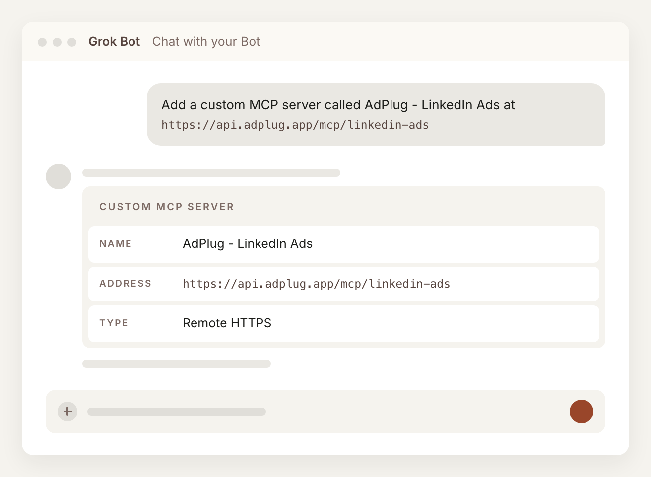 Grok Bot chat with the request to add a custom MCP server called AdPlug - LinkedIn Ads at https://api.adplug.app/mcp/linkedin-ads, and the Bot showing the name, address and Remote HTTPS type back.