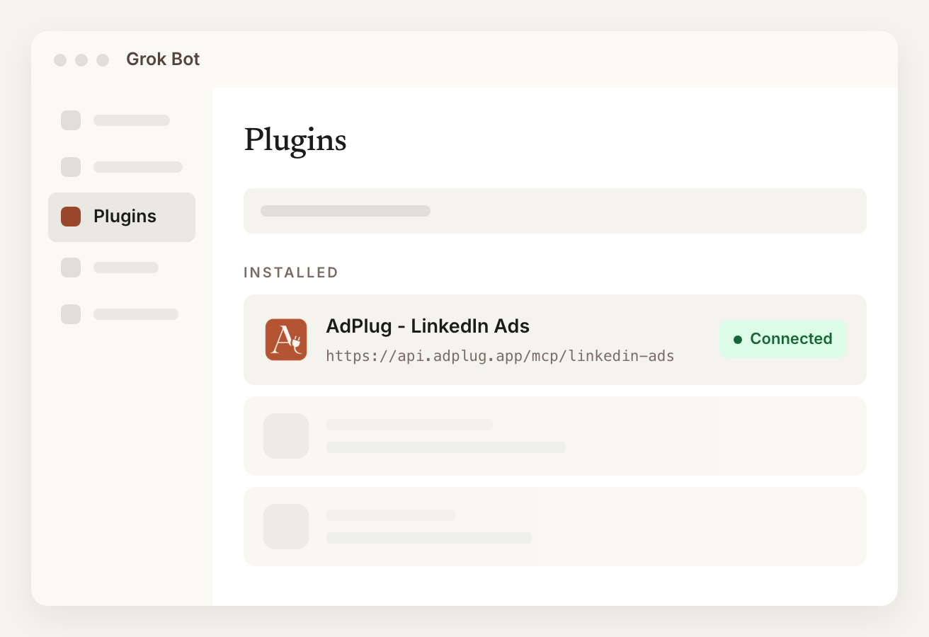 Grok Bot Plugins with the AdPlug - LinkedIn Ads MCP server listed under Installed and marked Connected.