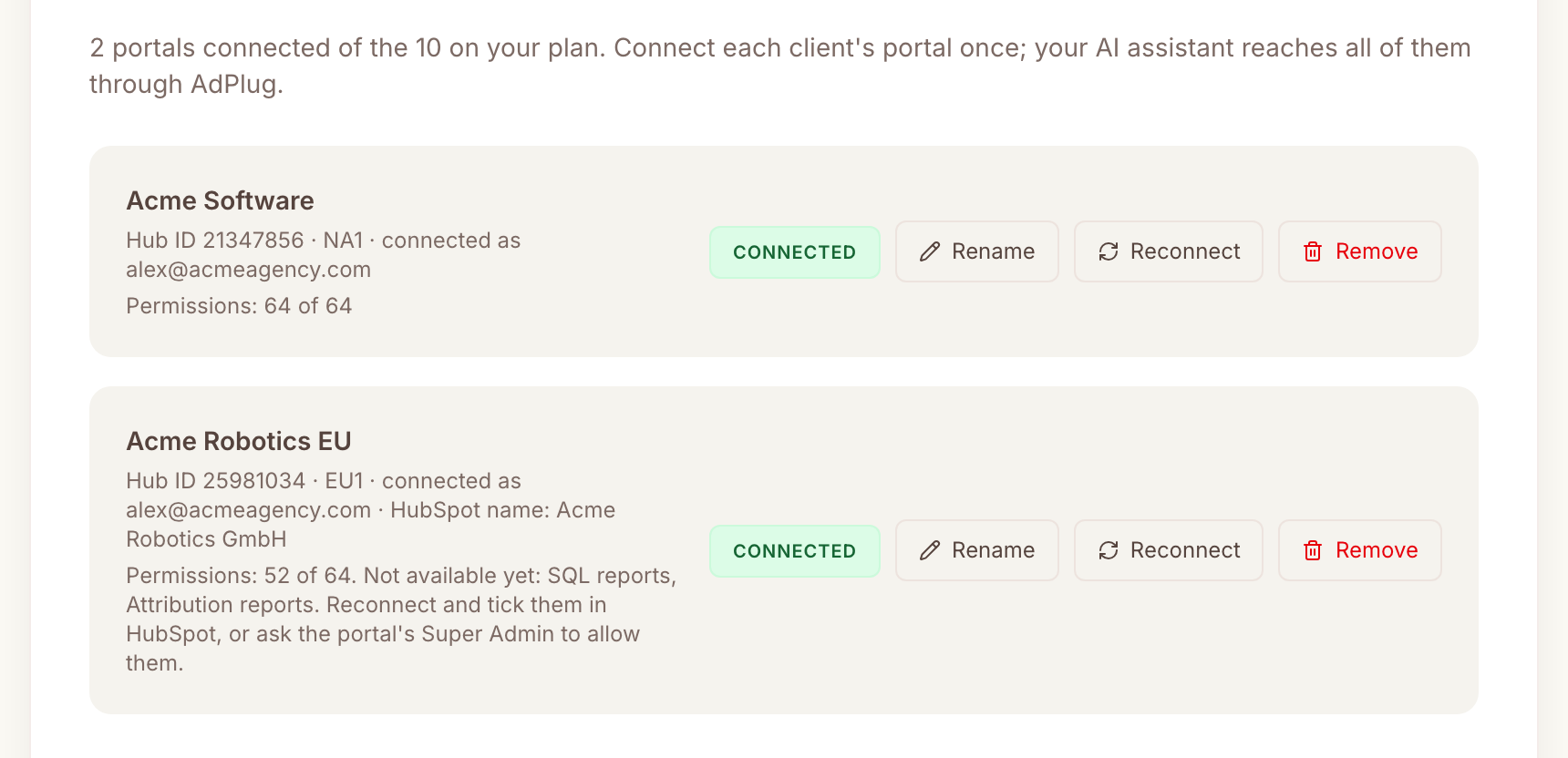 Two HubSpot portals connected on AdPlug's Connections page, each with its Hub ID, region, the HubSpot login that connected it, its permissions out of 64, and Rename, Reconnect and Remove buttons. The second portal lists SQL reports and Attribution reports as not available yet.