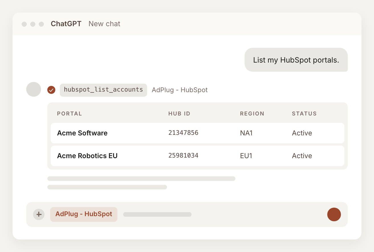ChatGPT answering 'List my HubSpot portals' with the AdPlug - HubSpot app selected, showing each portal's name, Hub ID, region and status.