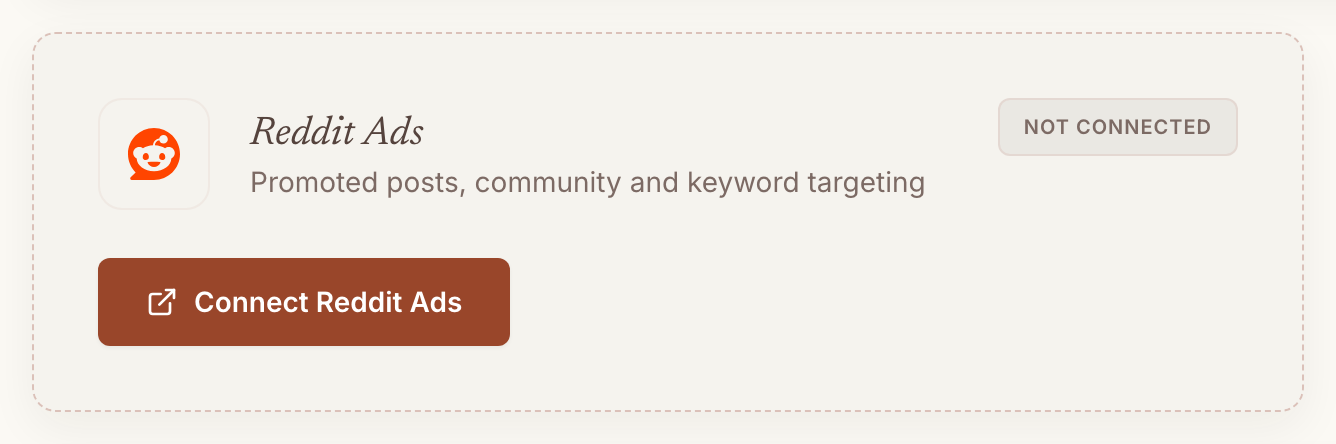Reddit Ads card on the AdPlug Connections page, marked Not connected, with the Connect Reddit Ads button.