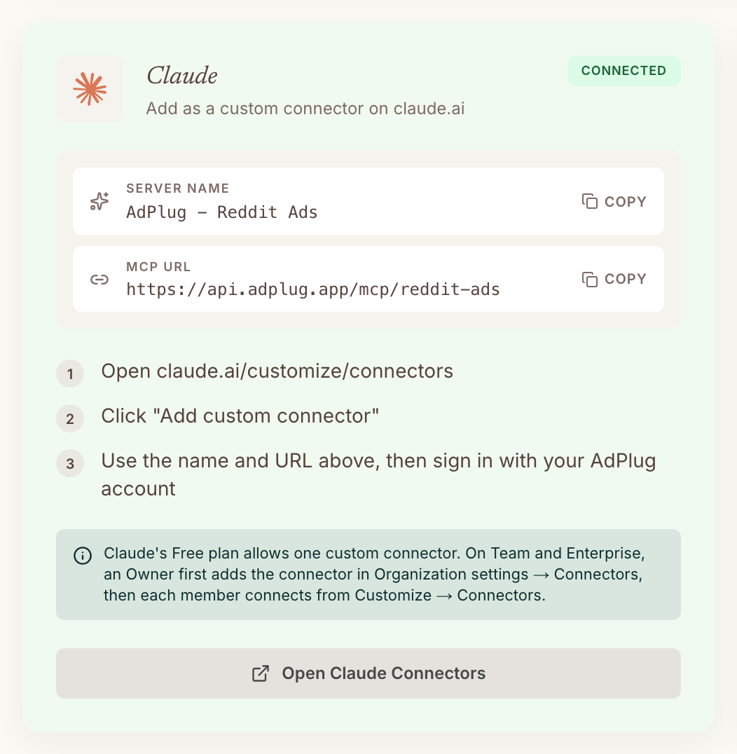 Claude card on the AdPlug dashboard marked Connected, showing the server name AdPlug - Reddit Ads and the MCP URL https://api.adplug.app/mcp/reddit-ads, each with a Copy button, above three setup steps.