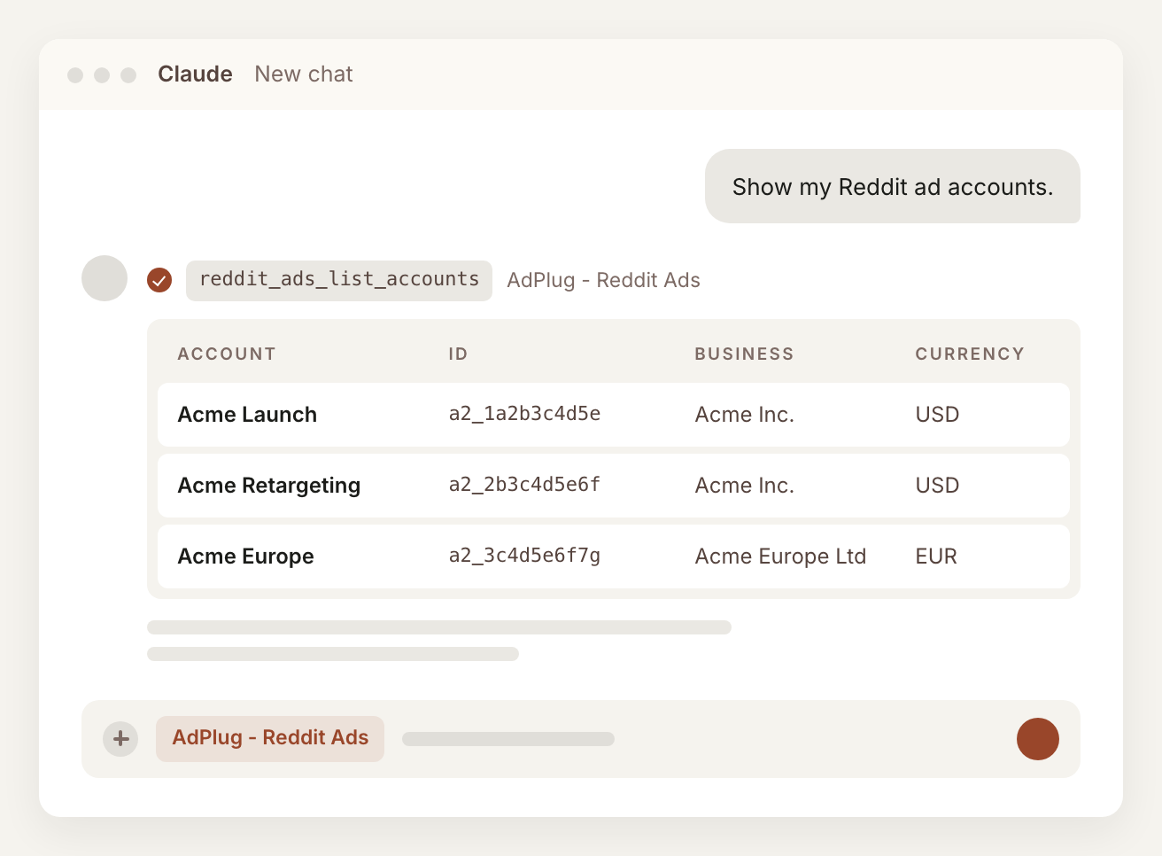 Claude answering 'Show my Reddit ad accounts' through the AdPlug - Reddit Ads connector, showing each account's name, ID, business and currency.